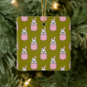 Ornement En Céramique Lapin blanc à motif de poche rose
