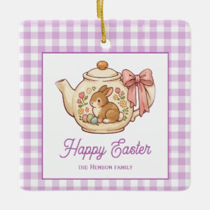 Ornement En Céramique Lapin de Pâques Personnalisé Théière Gingham Famil
