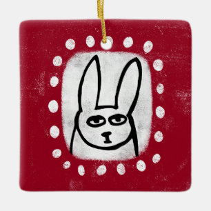 Ornement En Céramique Lapin Drôle Sur L'Ornement Rouge