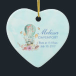 Ornement En Céramique Lapin Whimsical équitation dans un ballon à air ch<br><div class="desc">L'ornement commémoratif de naissance du bébé. Conçu avec une charmante illustration d'un petit lapin qui longe une montgolfière décorée d'un joli ruban rose,  accompagné de fleurs et de papillons. Un arrière - plan bleu pastel lui donne une atmosphère de rêve vintage.</div>