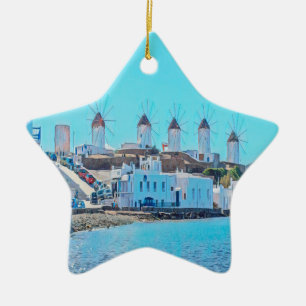 Ornement En Céramique ldp MYKONOS - vue de la mer des moulins à vent -