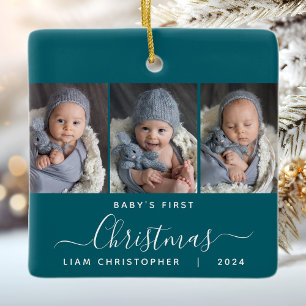 Ornement En Céramique Le 1er Noël de bébé Bleu sarcelle 3 Photo Script