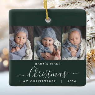 Ornement En Céramique Le 1er Noël de bébé - Vert foncé - Écriture à 3 ph