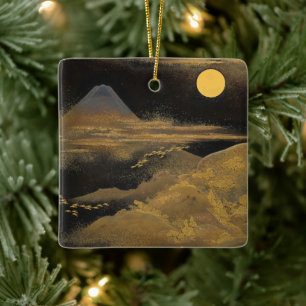 Ornement En Céramique Le Mont Fuji au clair de lune - Or :
