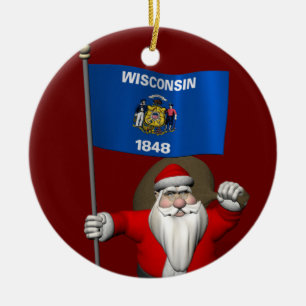 Ornement En Céramique Le Père Noël Avec L'Ensigne Du Wisconsin
