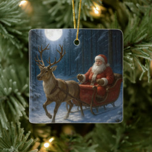 Ornement En Céramique Le Père Noël conduit un traîneau au clair de lune