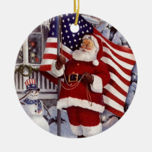 Ornement En Céramique Le Père Noël tient le drapeau américain