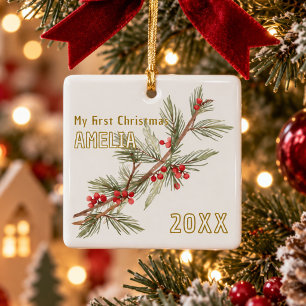 Ornement En Céramique Le premier Noël de bébé au houx et feuillage d'hiv