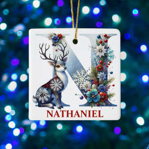 Ornement En Céramique Lettre de monographie de rennes de Noël N Nom pers