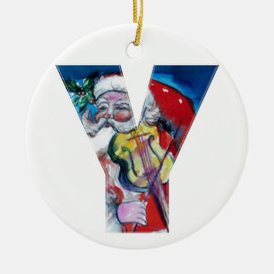 ORNEMENT EN CÉRAMIQUE LETTRE XMAS Y /SANTA CLAUS AVEC MONOGRAM VIOLON