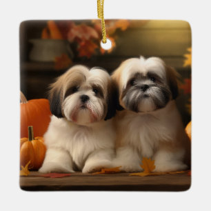 Ornement En Céramique Lhasa Apso Chiot Automne Citrouille de plaisir