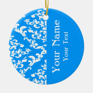 Ornement En Céramique Light Blue Bold Damask avec nom à Emporiomoffa