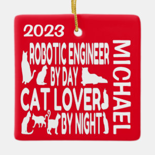 Ornement En Céramique L'ingénieur robotique aime les chats PERSONNALISÉS