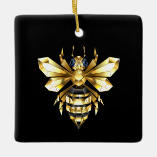Ornement En Céramique Logo Faux Gold Foil Bee Polygonal sur Noir