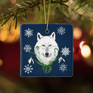 Ornement En Céramique Loup Arctique Blanc Mystique Neige Bleue Galanthus