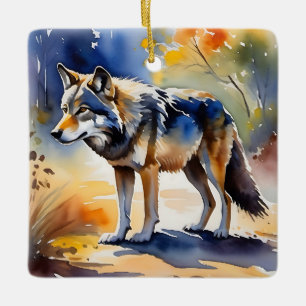 Ornement En Céramique Loup dans une aquarelle de forêt