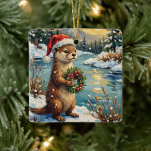 Ornement En Céramique Loutre vintage avec couronne de Noël par Frozen