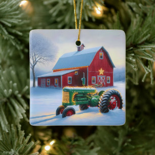 Ornement En Céramique Lumières de Noël sur un tracteur agricole vert