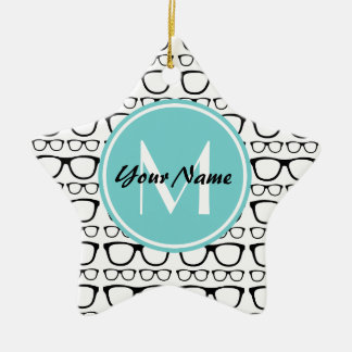 Ornement En Céramique Lunettes noires monogrammes Aqua Nom personnalisé