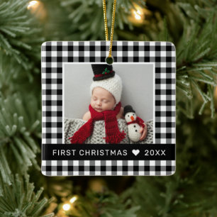 Ornement En Céramique Ma première Noël Plaid Bison Noir Photo de bébé