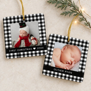 Ornement En Céramique Ma première Noël Plaid Bison Noir Photo de bébé