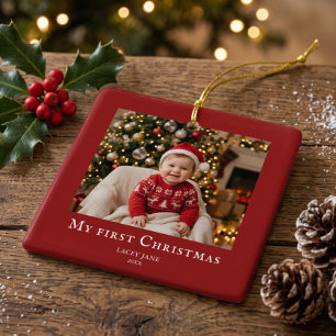 Ornement En Céramique Ma première photo de bébé Noël en rouge