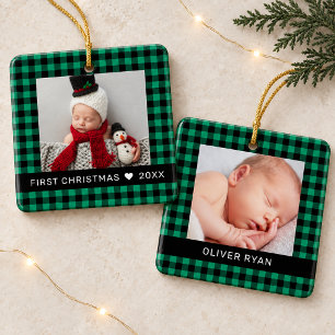 Ornement En Céramique Ma première photo de Noël bébé au plaid vert Buffa