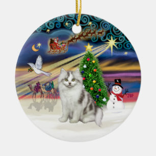 Ornement En Céramique Magie de Noël -Chat Ragamuffin Gris-Blanc-