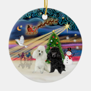 Ornement En Céramique Magie de Noël - Poodles (DEUX jouets-BW)