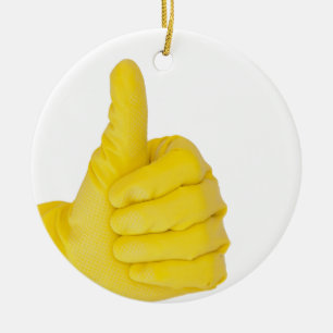 Ornement En Céramique Main dans le gant de latex jaune