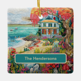 Ornement En Céramique Maison de plage tropicale Turquoise Rose Nom Noël