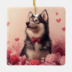 Ornement En Céramique Malamute d'Alaska avec Rose - Saint-Valentin