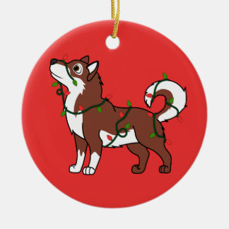 Ornement En Céramique Malamute d'Alaska rouge avec des lumières de Noël