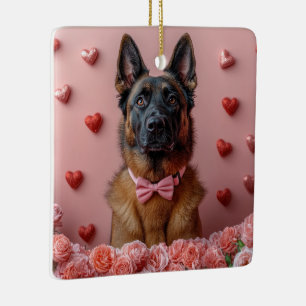 Ornement En Céramique Malinois belge avec Rose - Saint Valentin