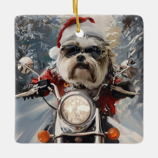 Ornement En Céramique Malti Tzu Chien équitation Moto Noël (Devant)