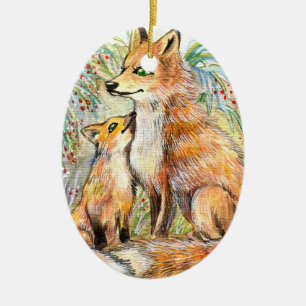 Ornement En Céramique Mama Et Baby Fox