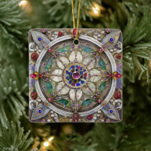 Ornement En Céramique Mandala de rubis, d'améthyste, de saphir et de per