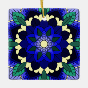 Ornement En Céramique Mandala Motif 02 en bleu foncé