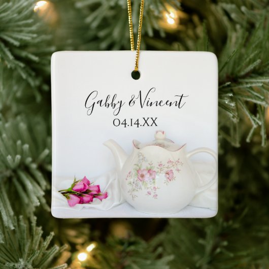 Ornement En Céramique Mariage de théière et roses roses (Arbre)