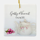 Ornement En Céramique Mariage de théière et roses roses (Devant)