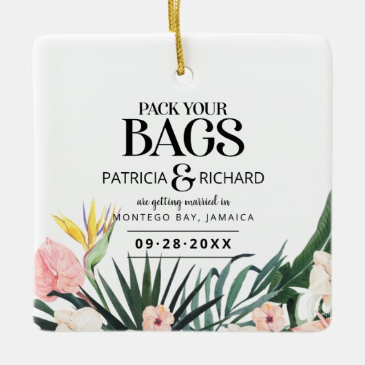 Ornement En Céramique Mariage Destination Tropicale Enregistrer La Date (Devant)