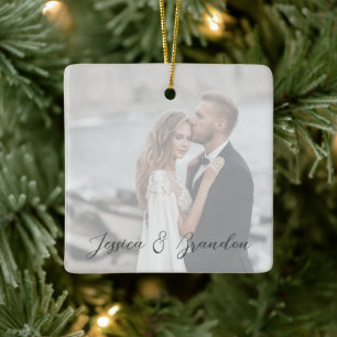 Ornement En Céramique Mariage moderne Newlyweets Script Photo Overlay