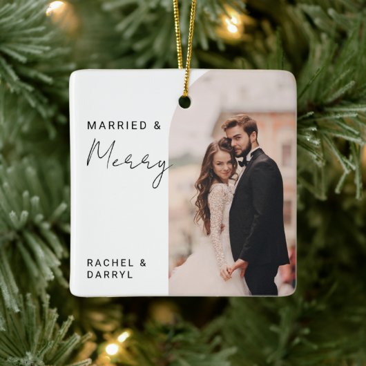 Ornement En Céramique Marié et Joyeux Photo Mini Script Élégant (Arbre)