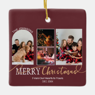 Ornement En Céramique Maroon Rouge or Script Noël Collage moderne