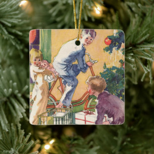 Ornement En Céramique Matin de Noël Vintage, Enfants avec Présents