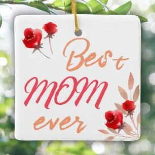 Ornement En Céramique Meilleure maman Rouge Roses Aquarelle Mère