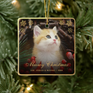 Ornement En Céramique Meowny Christmas Cute Chat Animal Photo Faux Gold 