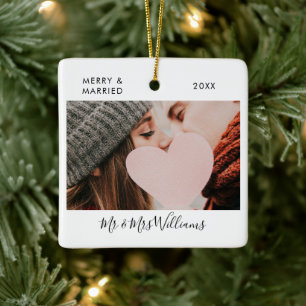 Ornement En Céramique Merry And Married Mr Mrs 2 Photo Script de signatu