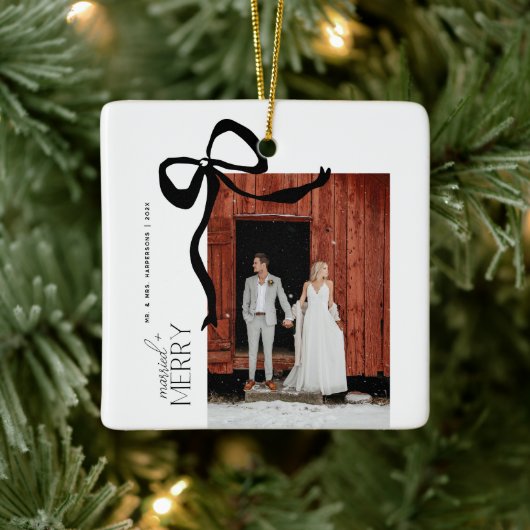 Ornement En Céramique Merry and Married Script 2 Photos Christmas Bow (Arbre)