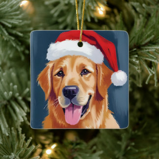 Ornement En Céramique Merry Golden Retriever | Noël du chien de Santa Ha